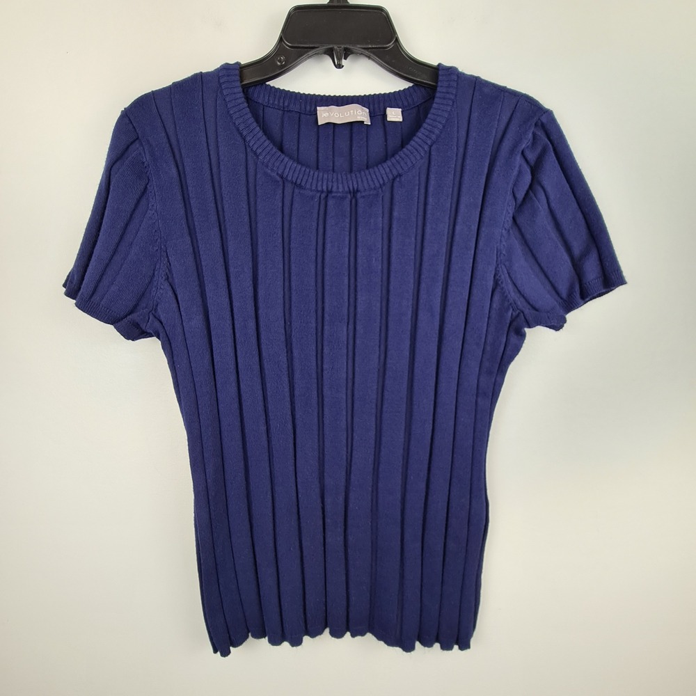 Evolution by Cyrus Womens Navy Blue Ribbed Short Sleeve Knit Sweater Top Large